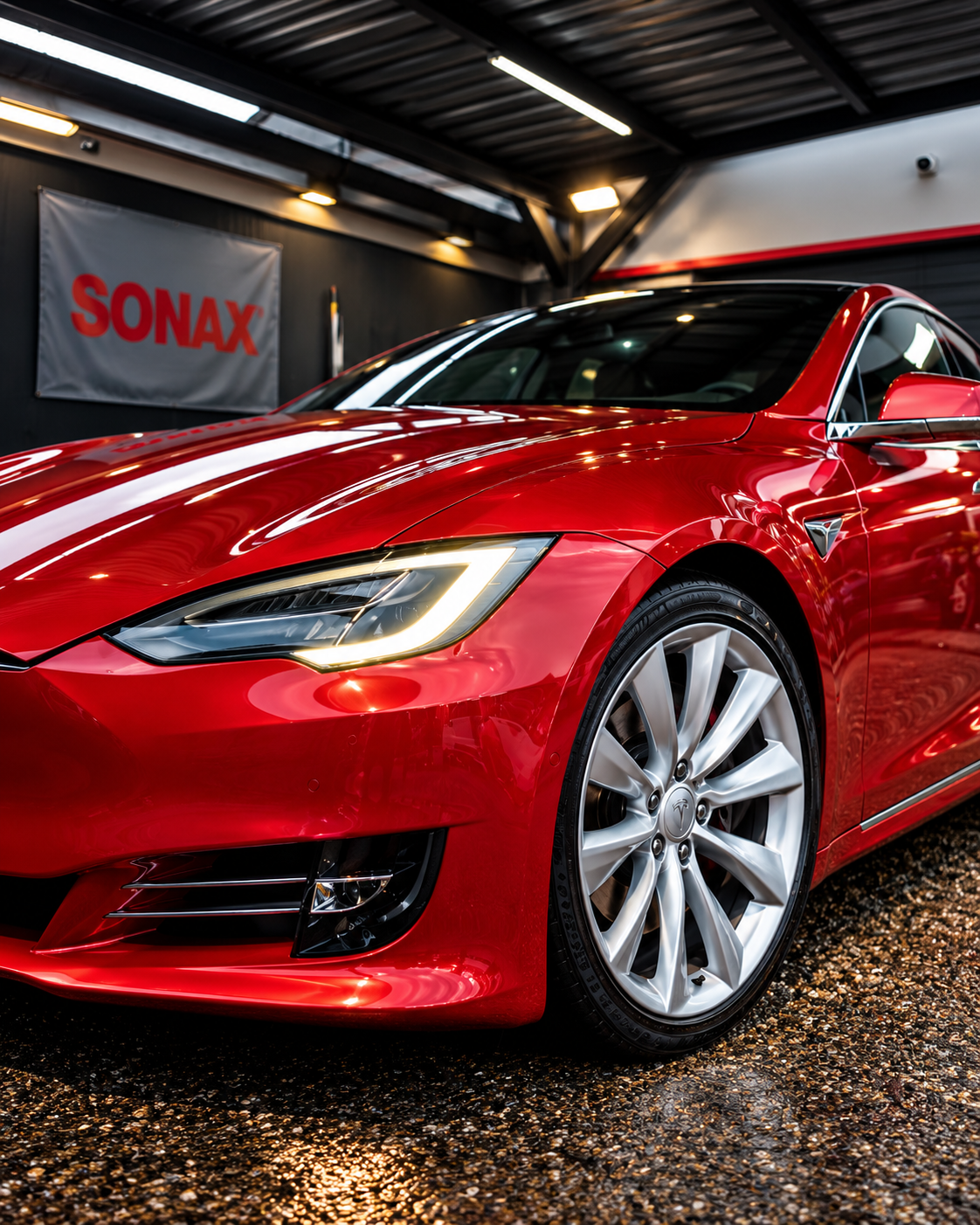 Detalj crvene Tesle Model S – far i felga